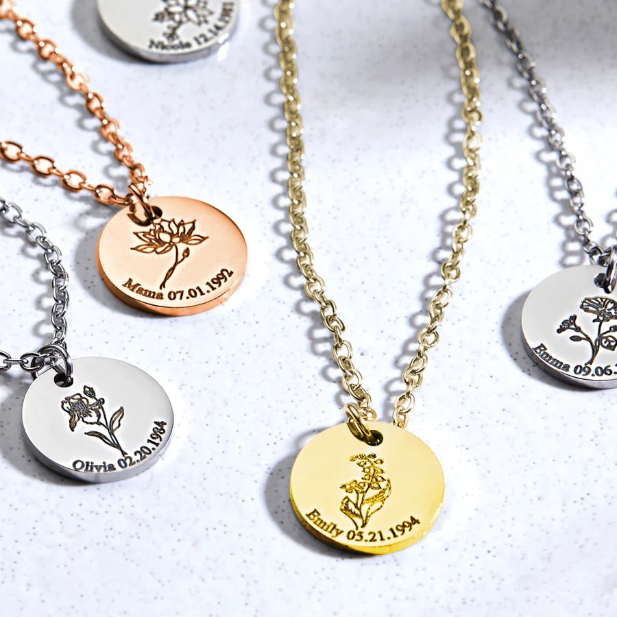 Collar Flor de Nacimiento Personalizado con Grabado