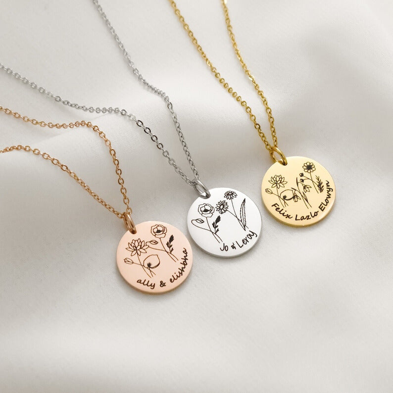 Collar Flor de Nacimiento Personalizado con Grabado